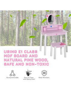 Homcom 2pcs Kids Wooden Dressing Table and Stool with Mirror, Drawers for Toddlers 3 Year+, Pink White 2