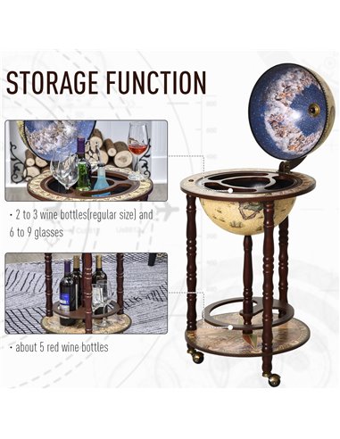 HOMCOM Portable Globe Bar Cart: Antique-Inspired Beverage Trolley with Wheels, Wine & Liquor Storage, Glass Bottle Holder 801-14