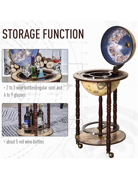 HOMCOM Portable Globe Bar Cart: Antique-Inspired Beverage Trolley with Wheels, Wine & Liquor Storage, Glass Bottle Holder 801-14 - pic 95864 | FastDaddyshop