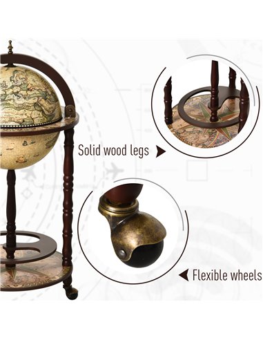 HOMCOM Portable Globe Bar Cart: Antique-Inspired Beverage Trolley with Wheels, Wine & Liquor Storage, Glass Bottle Holder 801-14