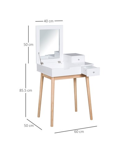 HOMCOM MDF,Pine Dressing Table Desk Flip-up Mirror Multi-purpose 2 Drawers Modern - White