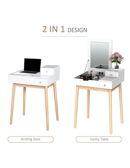 HOMCOM MDF,Pine Dressing Table Desk Flip-up Mirror Multi-purpose 2 Drawers Modern - White - pic 9593 | FastDaddyshop