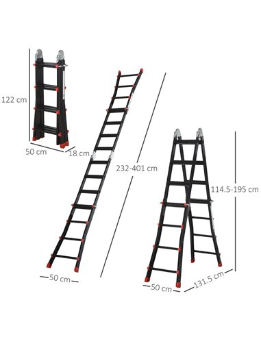 HOMCOM 4M Aluminium Duo Ladder Telescopic Herringbone Changeable Multi-Purpose w/ Non-Slip Steps Climbing DIY Platform Portable 