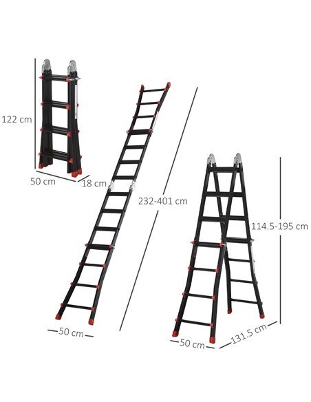 HOMCOM 4M Aluminium Duo Ladder Telescopic Herringbone Changeable Multi-Purpose w/ Non-Slip Steps Climbing DIY Platform Portable  - pic 95935 | FastDaddyshop