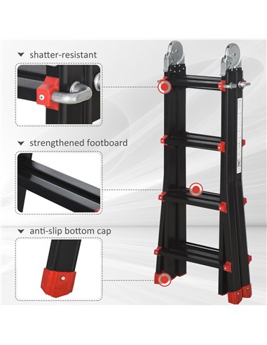 HOMCOM 4M Aluminium Duo Ladder Telescopic Herringbone Changeable Multi-Purpose w/ Non-Slip Steps Climbing DIY Platform Portable 