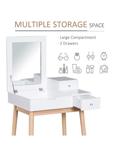 HOMCOM MDF,Pine Dressing Table Desk Flip-up Mirror Multi-purpose 2 Drawers Modern - White