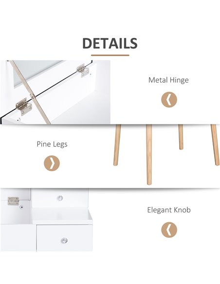HOMCOM MDF,Pine Dressing Table Desk Flip-up Mirror Multi-purpose 2 Drawers Modern - White - pic 9595 | FastDaddyshop