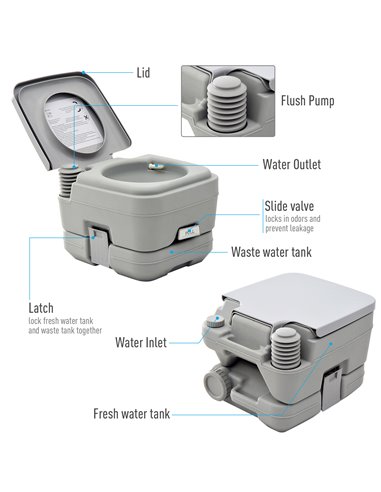 HOMCOM 10L Portable Travel Toilet Outdoor Camping Picnic with 2 Detachable Tanks & Push-button Operation, Grey B50-003