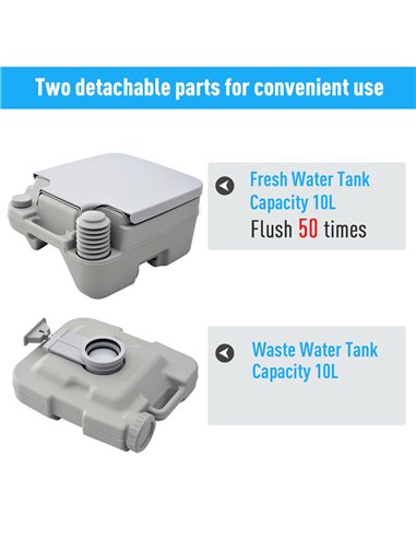 HOMCOM 10L Portable Travel Toilet Outdoor Camping Picnic with 2 Detachable Tanks & Push-button Operation, Grey B50-003