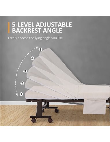 HOMCOM Folding Bed with 8cm Mattress, Portable Foldable Guest Bed with Adjustable Backrest, Metal Frame on Wheels, Brown 831-518