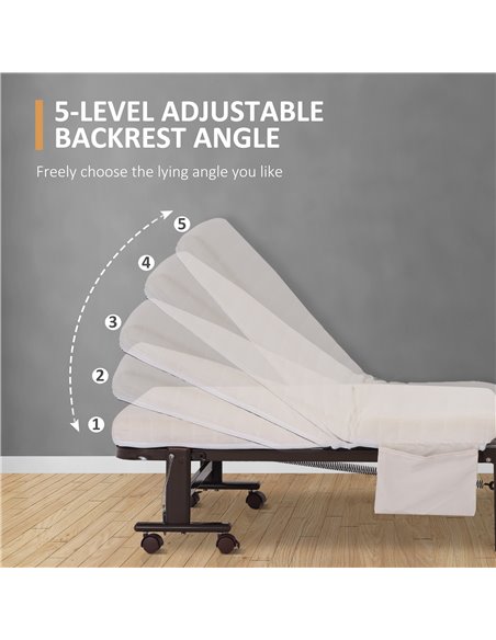 HOMCOM Folding Bed with 8cm Mattress, Portable Foldable Guest Bed with Adjustable Backrest, Metal Frame on Wheels, Brown 831-518 - pic 96091 | FastDaddyshop