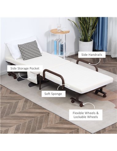 HOMCOM Folding Bed with 8cm Mattress, Portable Foldable Guest Bed with Adjustable Backrest, Metal Frame on Wheels, Brown 831-518