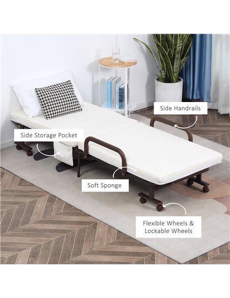HOMCOM Folding Bed with 8cm Mattress, Portable Foldable Guest Bed with Adjustable Backrest, Metal Frame on Wheels, Brown 831-518 - pic 96092 | FastDaddyshop