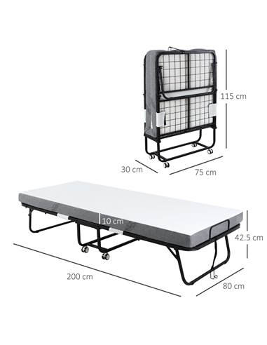 HOMCOM Folding Bed with 10cm Mattress, Portable Foldable Guest Bed with Sturdy Metal Frame on Wheels 831-516V70