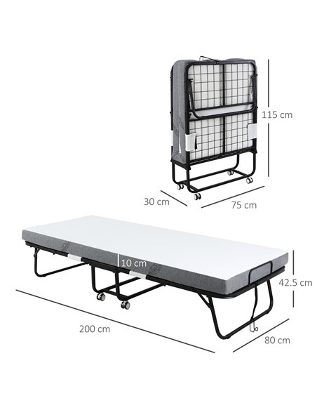 HOMCOM Folding Bed with 10cm Mattress, Portable Foldable Guest Bed with Sturdy Metal Frame on Wheels 831-516V70 - pic 96097 | FastDaddyshop