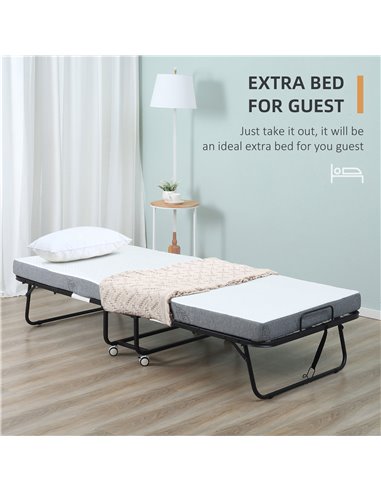 HOMCOM Folding Bed with 10cm Mattress, Portable Foldable Guest Bed with Sturdy Metal Frame on Wheels 831-516V70