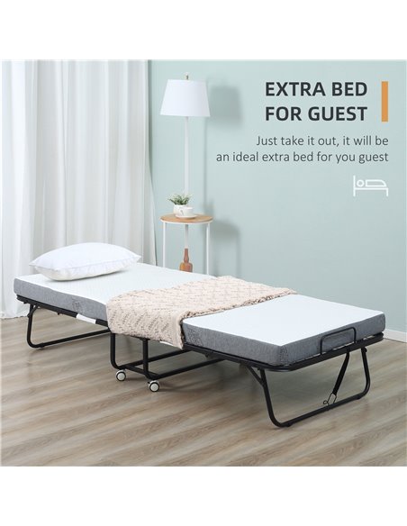 HOMCOM Folding Bed with 10cm Mattress, Portable Foldable Guest Bed with Sturdy Metal Frame on Wheels 831-516V70 - pic 96098 | FastDaddyshop