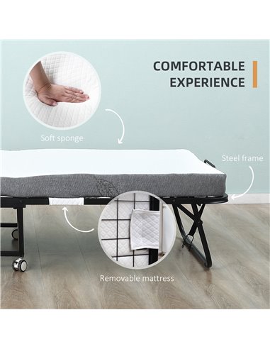 HOMCOM Folding Bed with 10cm Mattress, Portable Foldable Guest Bed with Sturdy Metal Frame on Wheels 831-516V70