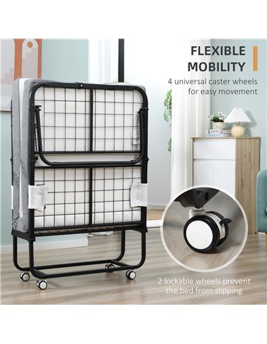 HOMCOM Folding Bed with 10cm Mattress, Portable Foldable Guest Bed with Sturdy Metal Frame on Wheels 831-516V70