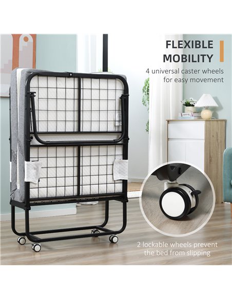 HOMCOM Folding Bed with 10cm Mattress, Portable Foldable Guest Bed with Sturdy Metal Frame on Wheels 831-516V70 - pic 96101 | FastDaddyshop