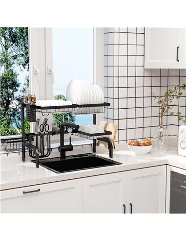 HOMCOM Space Saving 2 Tier Adjustable Dish Drainer Over The Sink Dish Drying Rack, Black 801-286V00BK