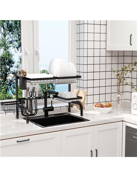 HOMCOM Space Saving 2 Tier Adjustable Dish Drainer Over The Sink Dish Drying Rack, Black 801-286V00BK - pic 96168 | FastDaddyshop