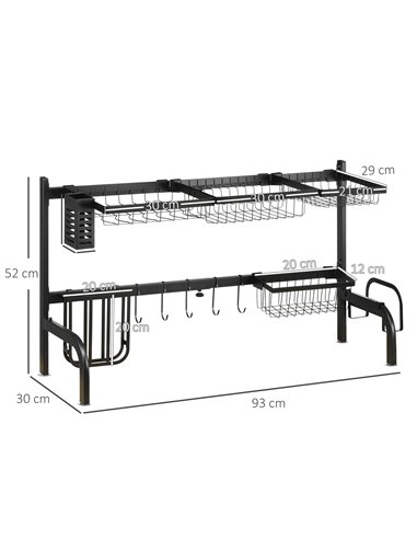 HOMCOM Space Saving 2 Tier Adjustable Dish Drainer Over The Sink Dish Drying Rack, Black 801-286V00BK