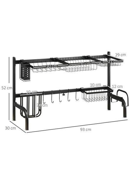 HOMCOM Space Saving 2 Tier Adjustable Dish Drainer Over The Sink Dish Drying Rack, Black 801-286V00BK - pic 96169 | FastDaddyshop