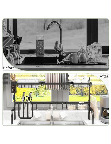 HOMCOM Space Saving 2 Tier Adjustable Dish Drainer Over The Sink Dish Drying Rack, Black 801-286V00BK