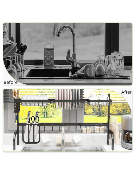 HOMCOM Space Saving 2 Tier Adjustable Dish Drainer Over The Sink Dish Drying Rack, Black 801-286V00BK - pic 96170 | FastDaddyshop