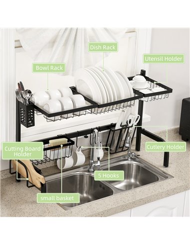 HOMCOM Space Saving 2 Tier Adjustable Dish Drainer Over The Sink Dish Drying Rack, Black 801-286V00BK