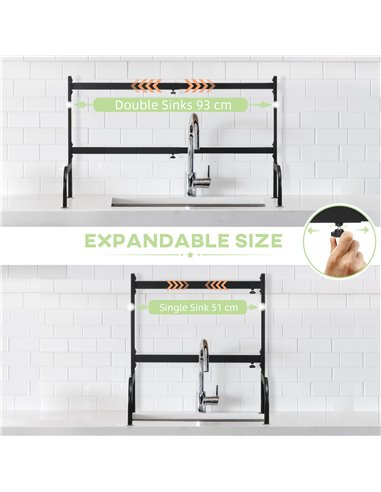 HOMCOM Space Saving 2 Tier Adjustable Dish Drainer Over The Sink Dish Drying Rack, Black 801-286V00BK
