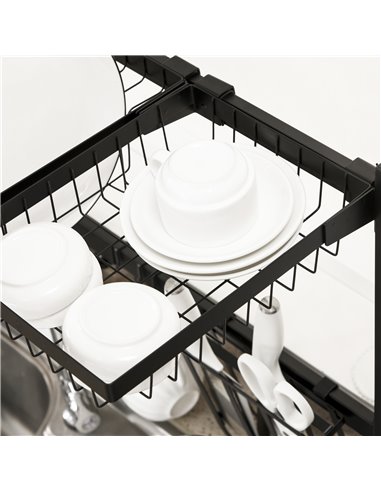 HOMCOM Space Saving 2 Tier Adjustable Dish Drainer Over The Sink Dish Drying Rack, Black 801-286V00BK
