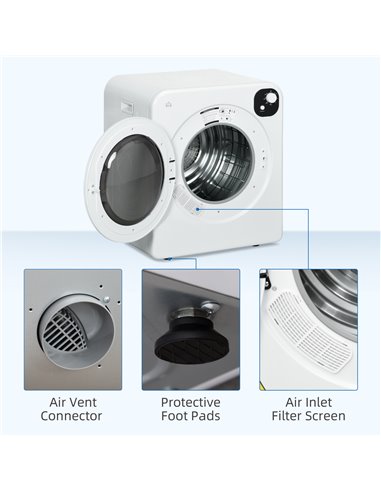 HOMCOM 6kg Vented Tumble Dryer, Freestanding, Wall Mounted, Stackable, Portable Dryer with 7 Programmers, White 853-025V70WT