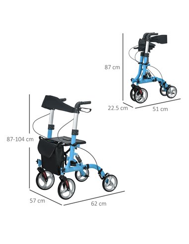HOMCOM 4 Wheel Rollator with Seat & Back, Lightweight Folding Mobility Walker w/ Large Wheels, Carry Bag, Adjustable Height, Dua