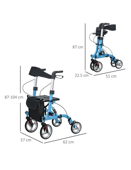 HOMCOM 4 Wheel Rollator with Seat & Back, Lightweight Folding Mobility Walker w/ Large Wheels, Carry Bag, Adjustable Height, Dua - pic 96223 | FastDaddyshop