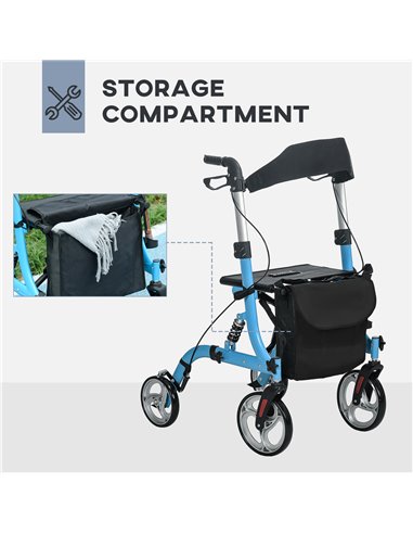 HOMCOM 4 Wheel Rollator with Seat & Back, Lightweight Folding Mobility Walker w/ Large Wheels, Carry Bag, Adjustable Height, Dua