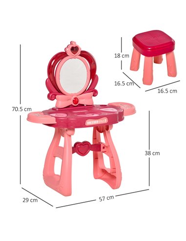 HOMCOM 36 Pcs Children Vanity Musical Dressing Table Kids Magic Glamour Princess Mirror Make Up Desk With Stool Beauty Kit Light
