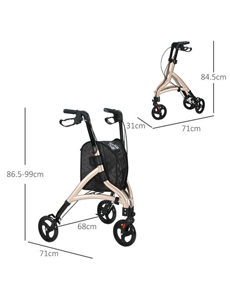 HOMCOM 3 Wheel Rollator, Lightweight Aluminium Tri Walker with Adjustable Handle, Storage Bag and Dual Brakes, Folding Mobility  - pic 96241 | FastDaddyshop