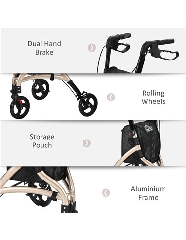 HOMCOM 3 Wheel Rollator, Lightweight Aluminium Tri Walker with Adjustable Handle, Storage Bag and Dual Brakes, Folding Mobility 