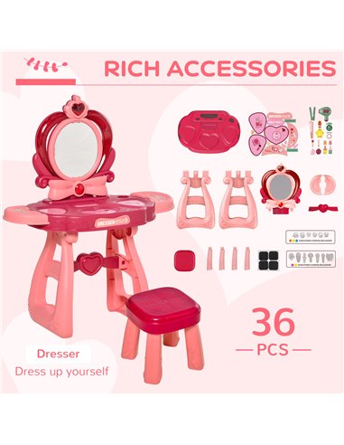 HOMCOM 36 Pcs Children Vanity Musical Dressing Table Kids Magic Glamour Princess Mirror Make Up Desk With Stool Beauty Kit Light