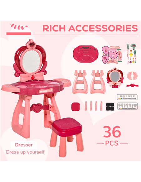 HOMCOM 36 Pcs Children Vanity Musical Dressing Table Kids Magic Glamour Princess Mirror Make Up Desk With Stool Beauty Kit Light - pic 9625 | FastDaddyshop