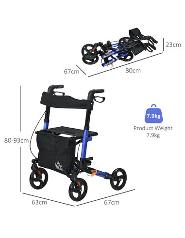 HOMCOM 4 Wheel Rollator with Seat and Back, Folding Mobility Walker, Adjustable Height, Dual Brakes, Cane Holder, Lightweight Al