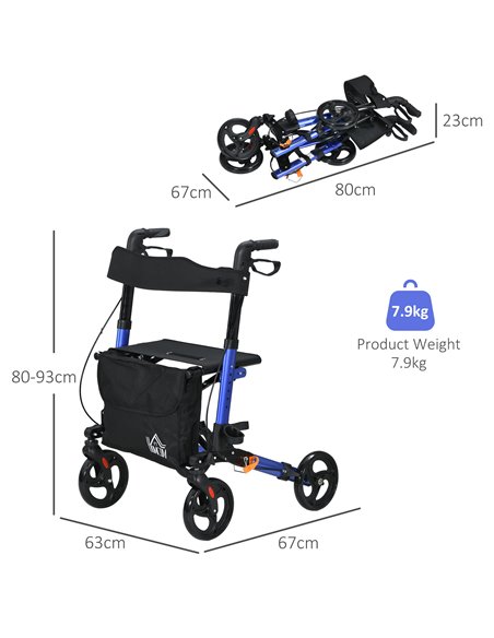 HOMCOM 4 Wheel Rollator with Seat and Back, Folding Mobility Walker, Adjustable Height, Dual Brakes, Cane Holder, Lightweight Al - pic 96250 | FastDaddyshop