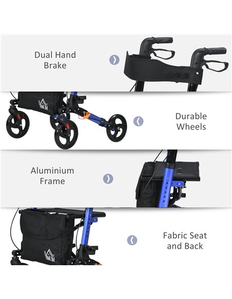 HOMCOM 4 Wheel Rollator with Seat and Back, Folding Mobility Walker, Adjustable Height, Dual Brakes, Cane Holder, Lightweight Al - pic 96253 | FastDaddyshop