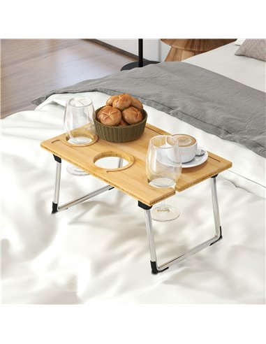 HOMCOM Foldable Wine Picnic Table, Portable Wine Table w/ Bottle Holder & 2 Glass Holders, Folding Bamboo Outdoor Beach Table w/
