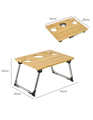 HOMCOM Foldable Wine Picnic Table, Portable Wine Table w/ Bottle Holder & 2 Glass Holders, Folding Bamboo Outdoor Beach Table w/
