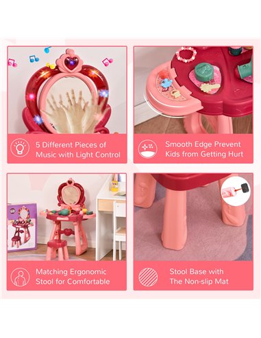 HOMCOM 36 Pcs Children Vanity Musical Dressing Table Kids Magic Glamour Princess Mirror Make Up Desk With Stool Beauty Kit Light