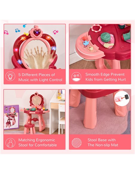 HOMCOM 36 Pcs Children Vanity Musical Dressing Table Kids Magic Glamour Princess Mirror Make Up Desk With Stool Beauty Kit Light - pic 9626 | FastDaddyshop