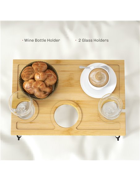 HOMCOM Foldable Wine Picnic Table, Portable Wine Table w/ Bottle Holder & 2 Glass Holders, Folding Bamboo Outdoor Beach Table w/ - pic 96260 | FastDaddyshop
